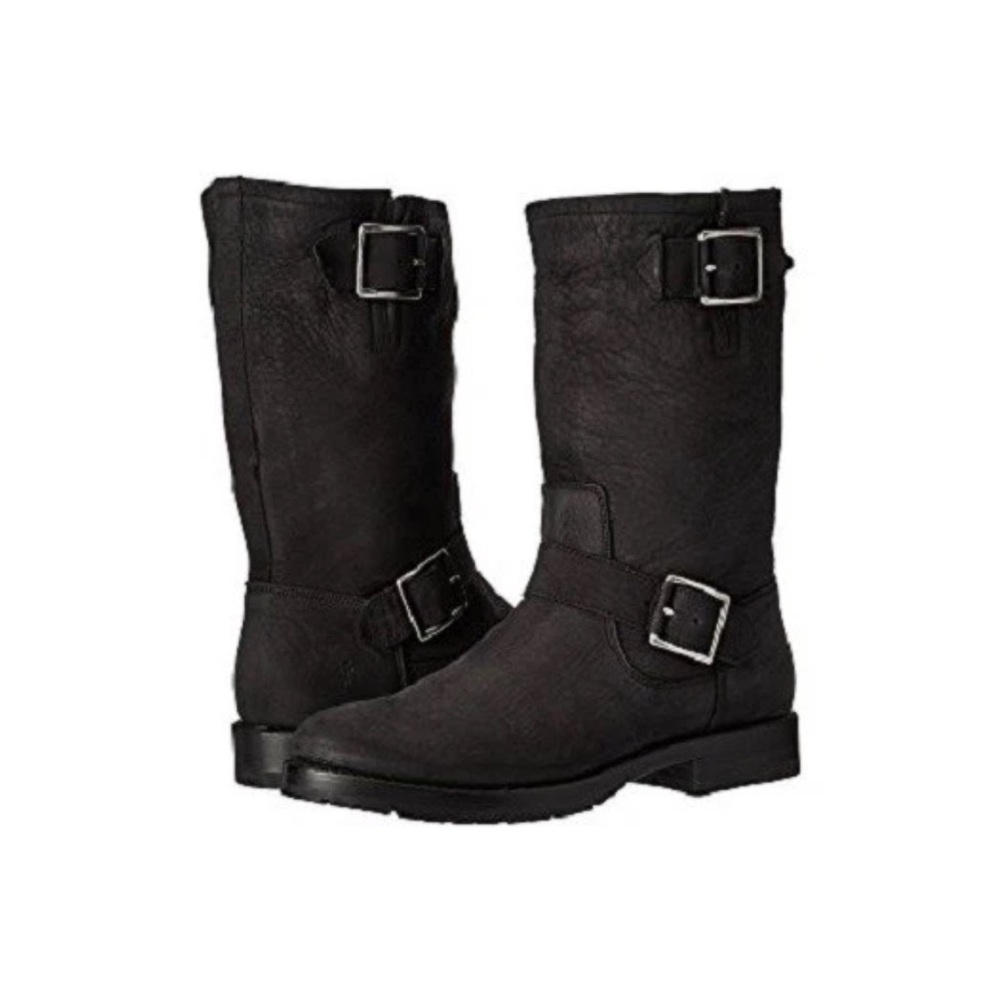 Frye Natalie Mid Engineer Black Soft Tumbled Nubuck Leather Buckle Boots 6.5